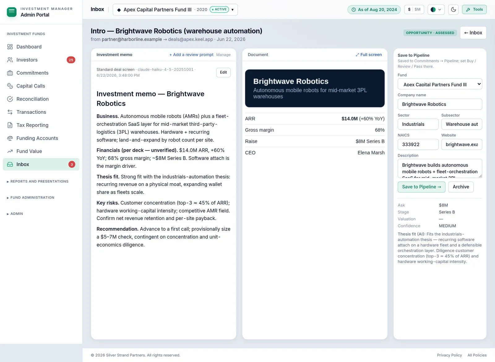 Keel AI inbox triage — the AI's summary and review